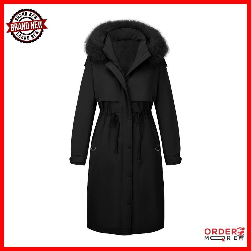 Plus Size Long Winter Parka Hooded Warm Coat Adjustable Waist